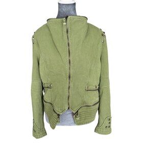 Green Studded Moto Jacket With Asymmetrical Zipper Womens M Cotton Blend Edgy De